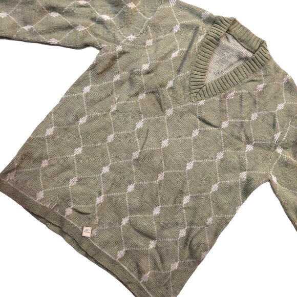 Vintage 1940s-1950s Olive Pea Green Beige Woven Print LS Knit V-Neck Sweater - Picture 5 of 8